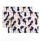 Normal scale // Deco Panthers Garden // white background navy and metal rose big cats