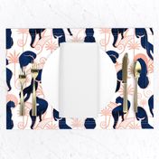 Normal scale // Deco Panthers Garden // white background navy and metal rose big cats