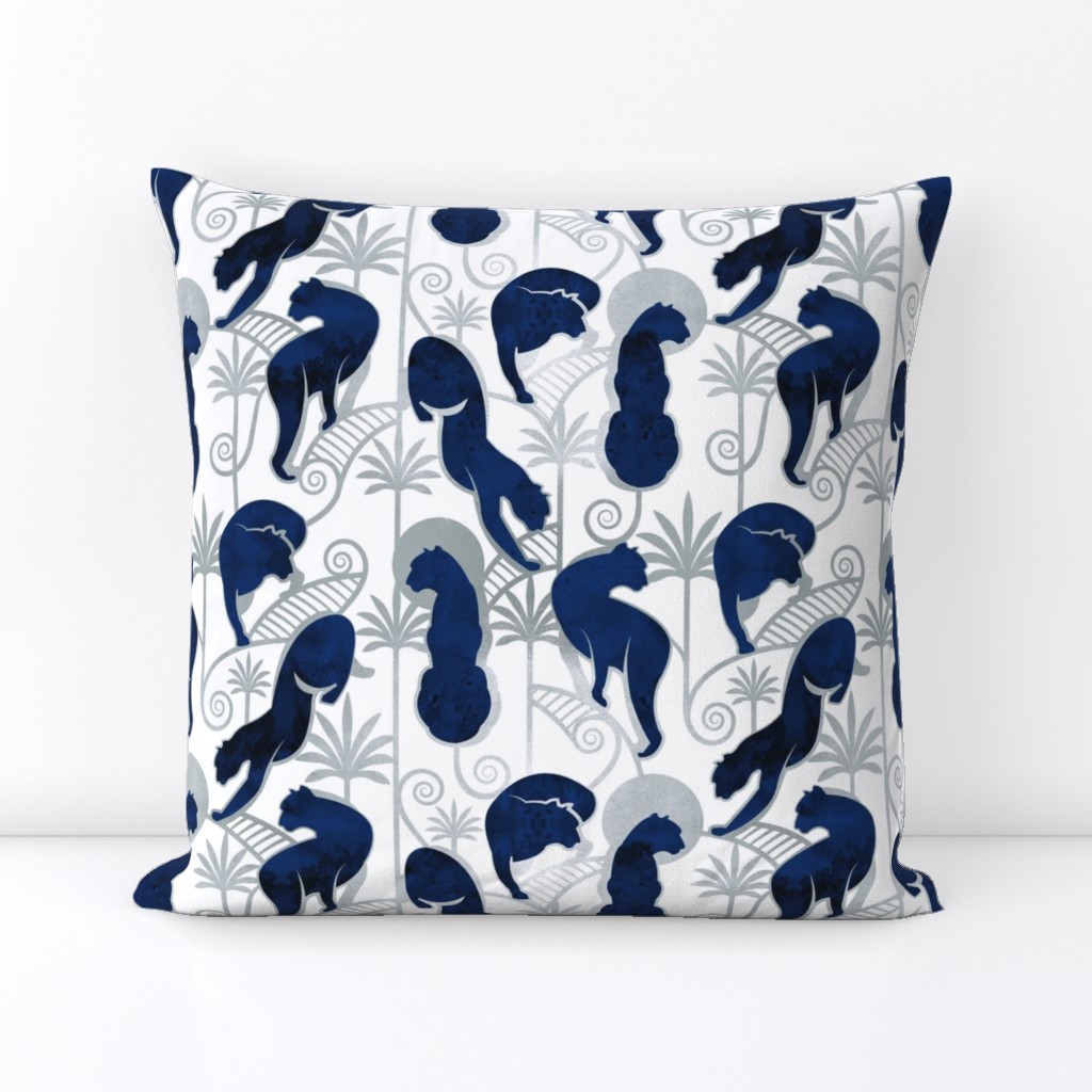 Normal scale // Deco Panthers Garden // white background navy and silver big cats