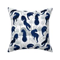 Normal scale // Deco Panthers Garden // white background navy and silver big cats
