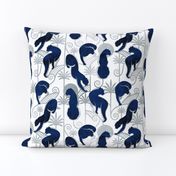 Normal scale // Deco Panthers Garden // white background navy and silver big cats