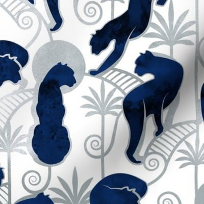 Normal scale // Deco Panthers Garden // white background navy and silver big cats