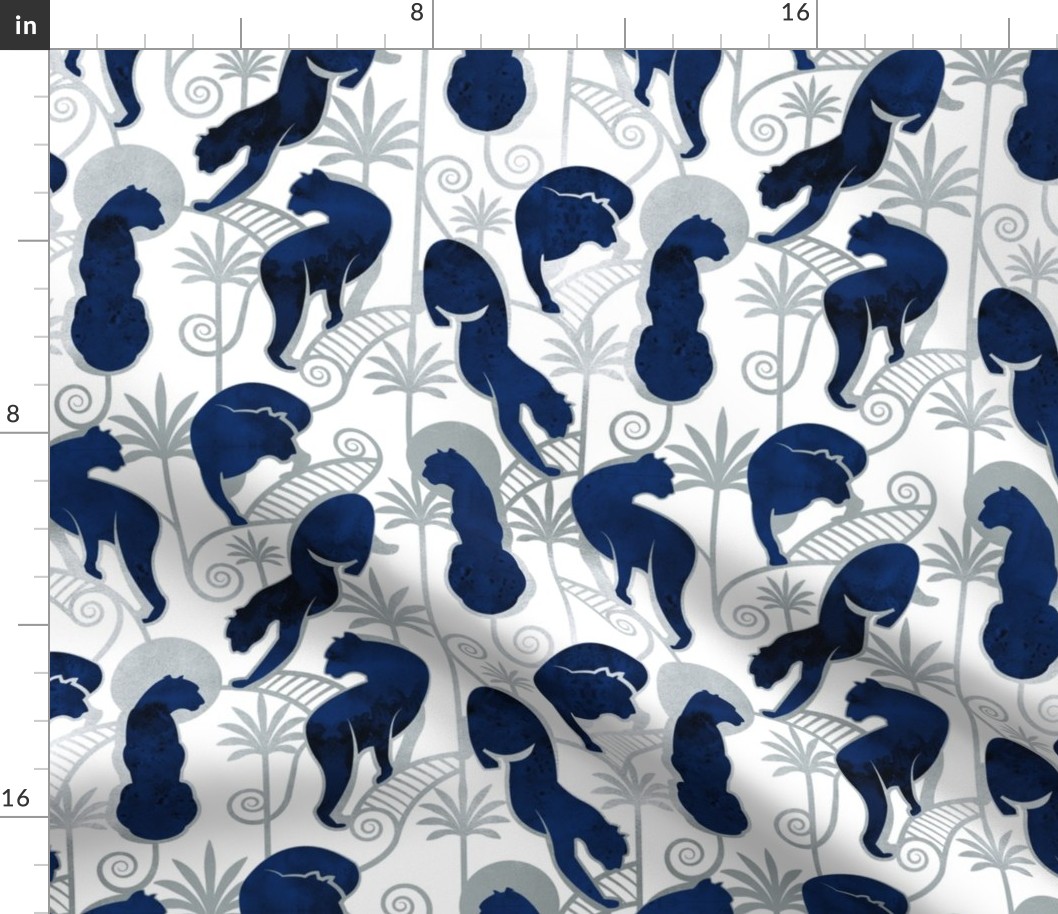 Normal scale // Deco Panthers Garden // white background navy and silver big cats