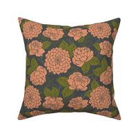 Coral Flowers and Grey Large Floral Pattern