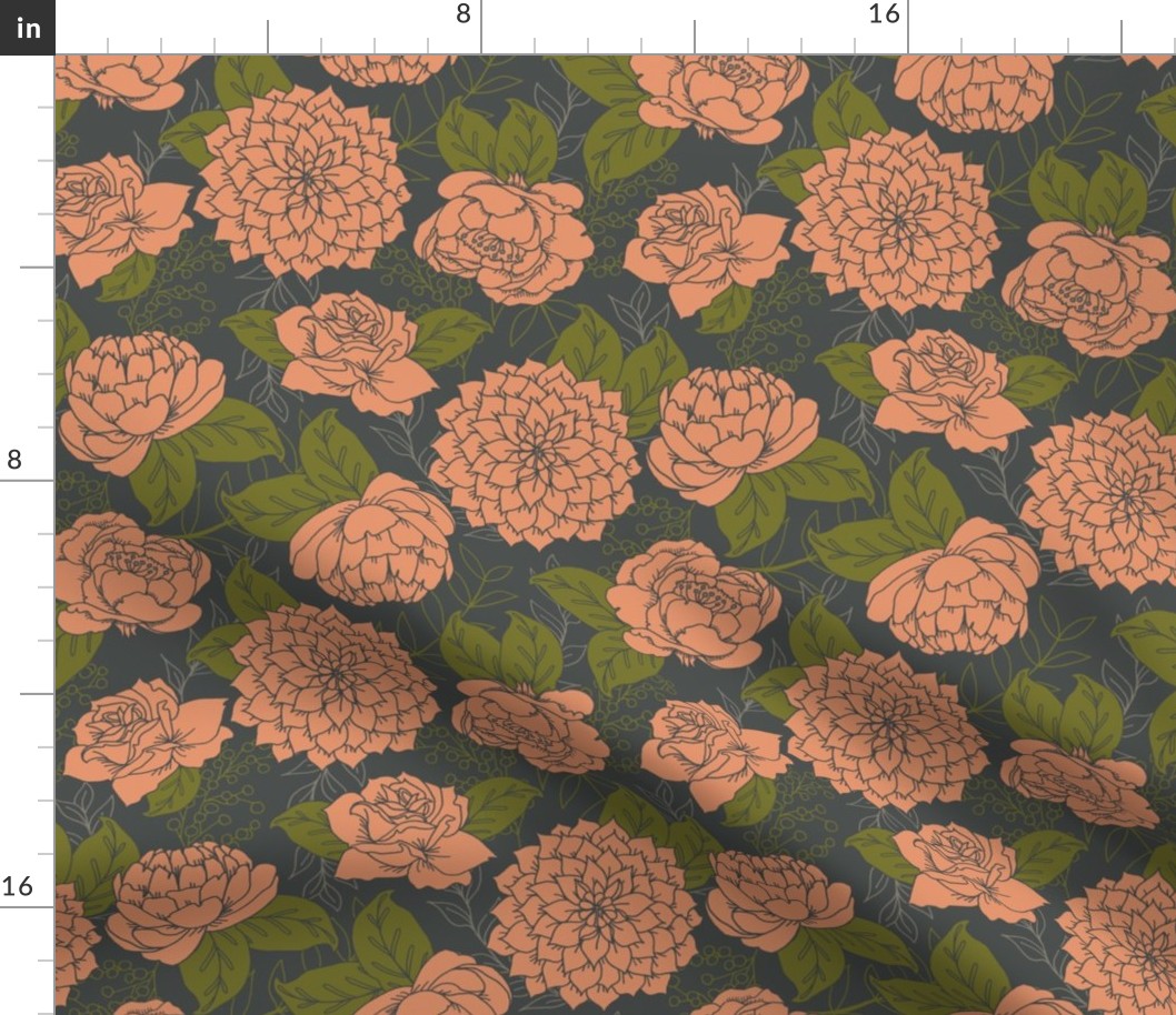 Coral Flowers and Grey Large Floral Pattern