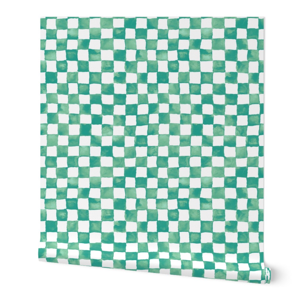 watercolor checkerboard 1" squares - teal, surf green and pale aqua