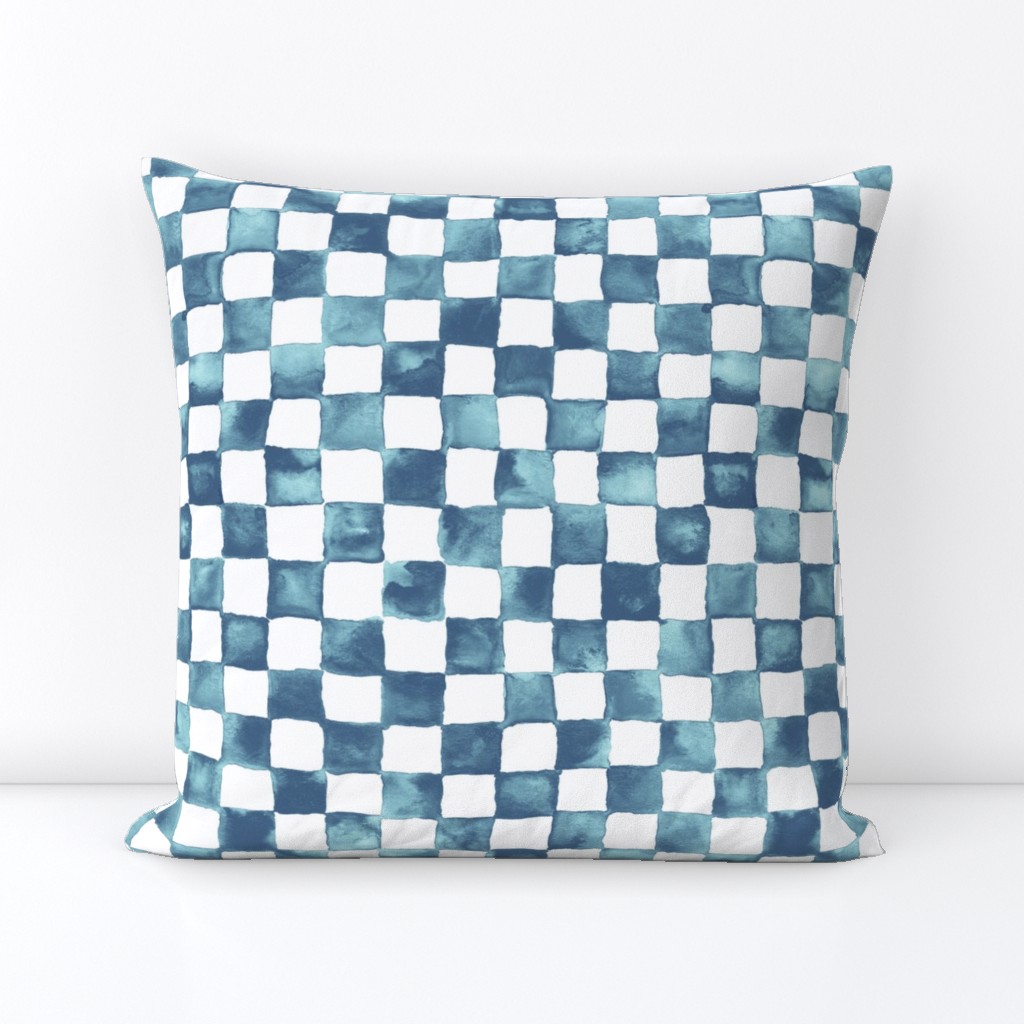watercolor checkerboard 1" squares - navy, light blue and white