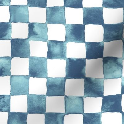 watercolor checkerboard 1" squares - navy, light blue and white