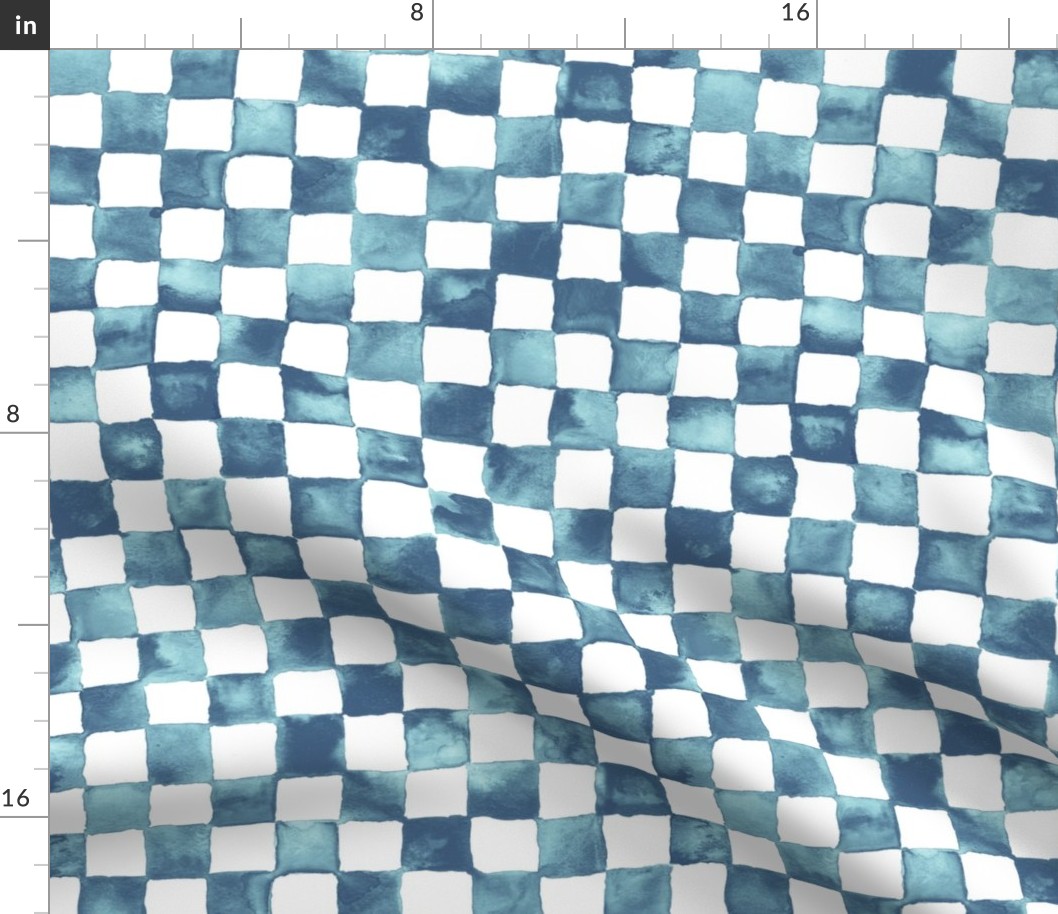 watercolor checkerboard 1" squares - navy, light blue and white