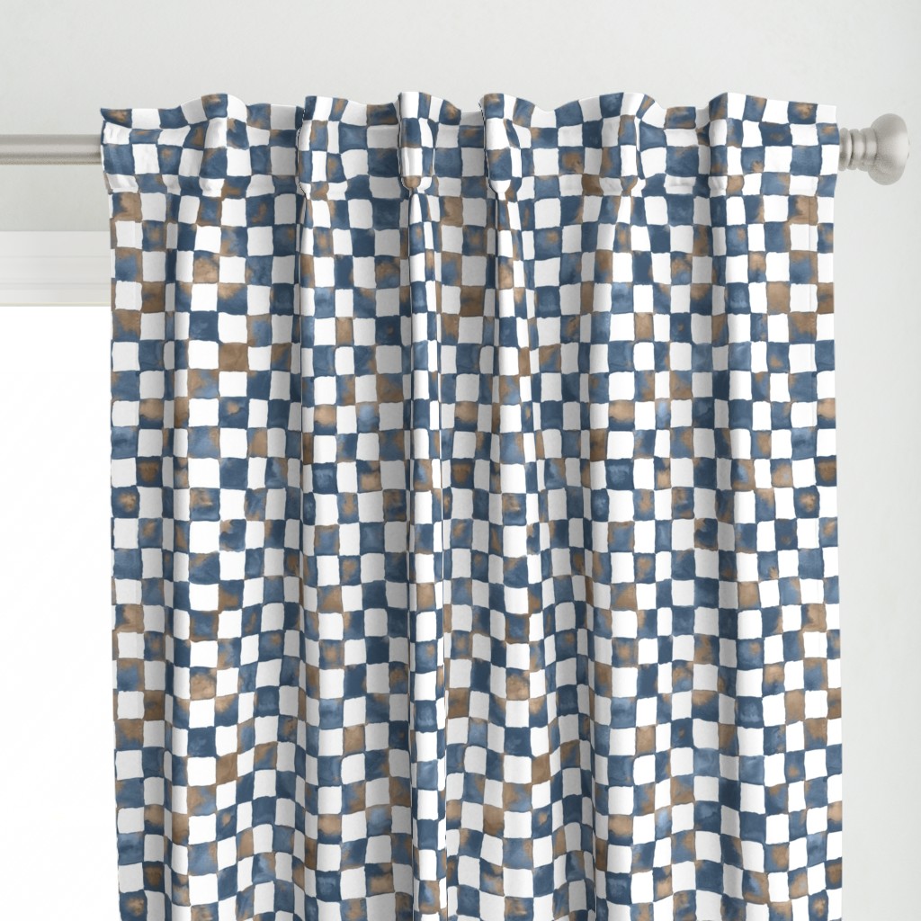 watercolor checkerboard 1" squares - denim blue, mocha and white 