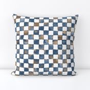 watercolor checkerboard 1" squares - denim blue, mocha and white 