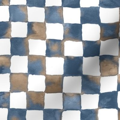 watercolor checkerboard 1" squares - denim blue, mocha and white 