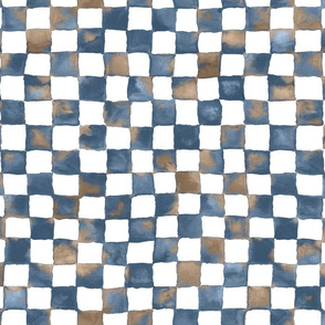 watercolor checkerboard 1" squares - denim blue, mocha and white 