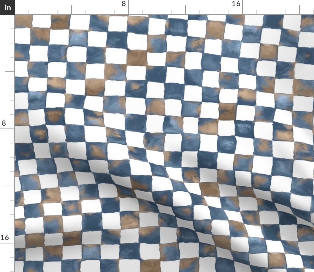 watercolor checkerboard 1" squares - denim blue, mocha and white 