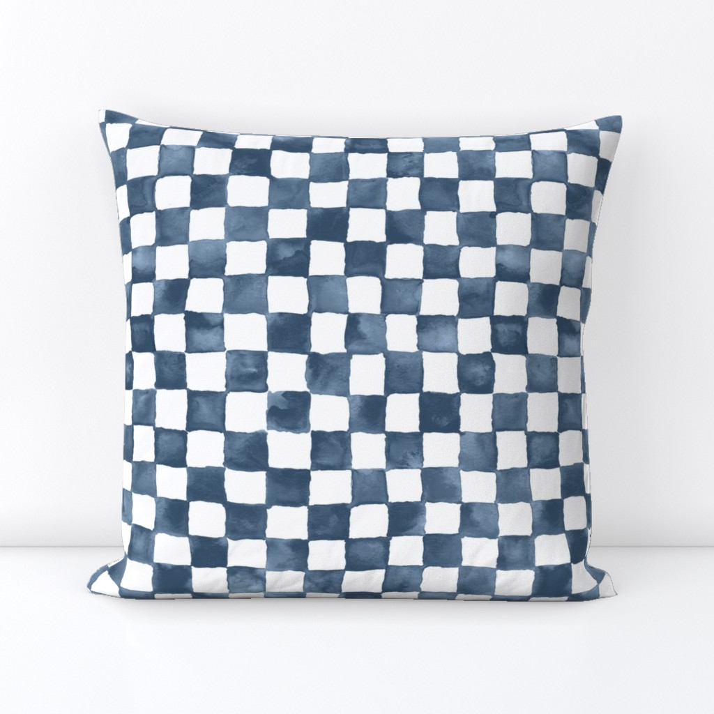 watercolor checkerboard 1" squares - denim blue and white