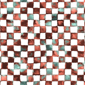 watercolor checkerboard 1" squares - black, coral, mint, white