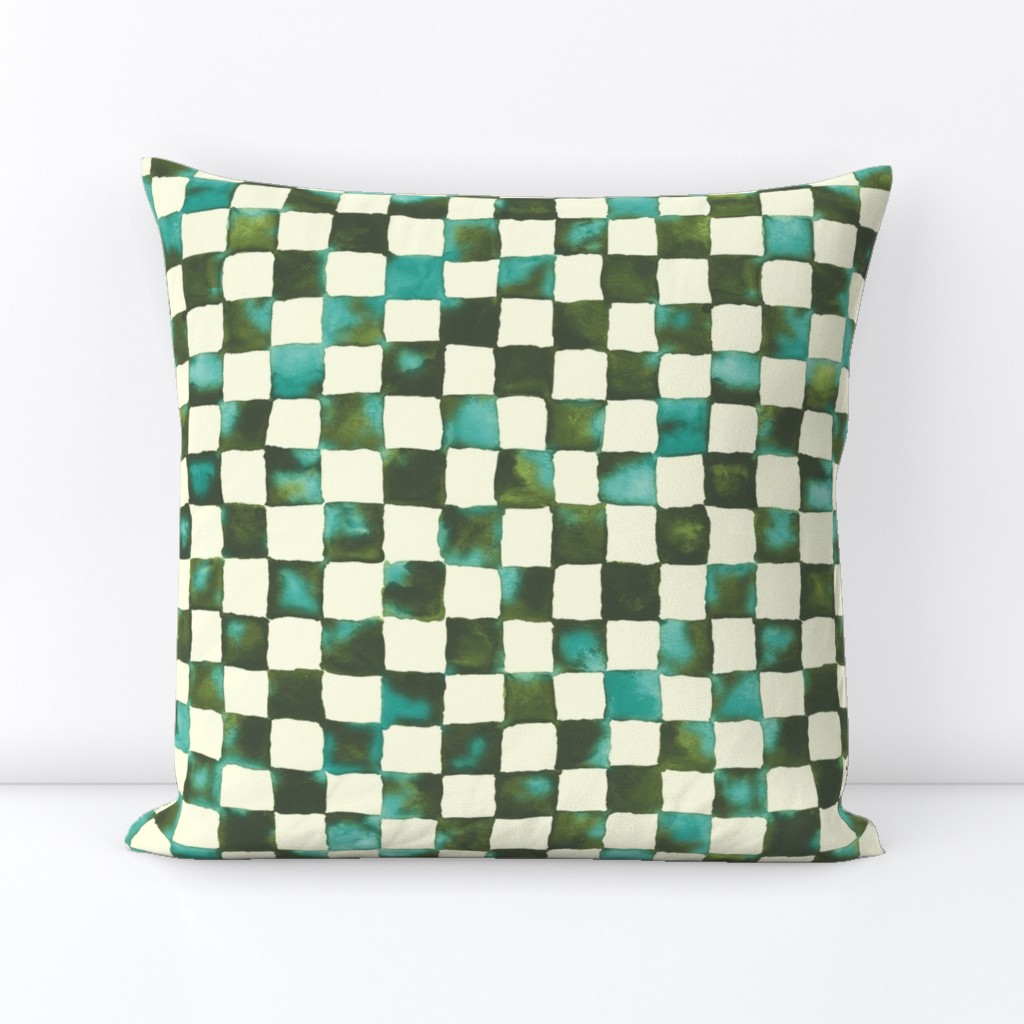 watercolor checkerboard - olive and teal on cream