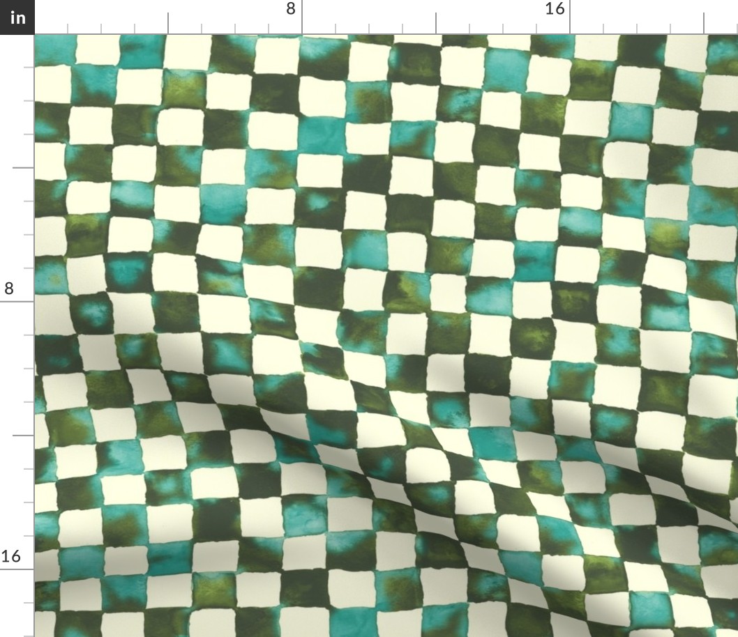 watercolor checkerboard - olive and teal on cream