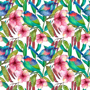 Tropical floral seamless pattern with flowers and birds on white background