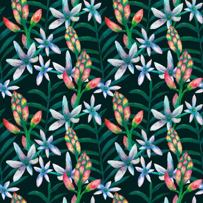 Exotic floral seamless background on dark green