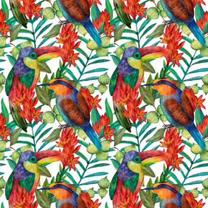 Colorful floral pattern with tropical flowers and birds on white