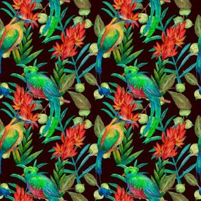 Colorful floral pattern with exotic birds on dark