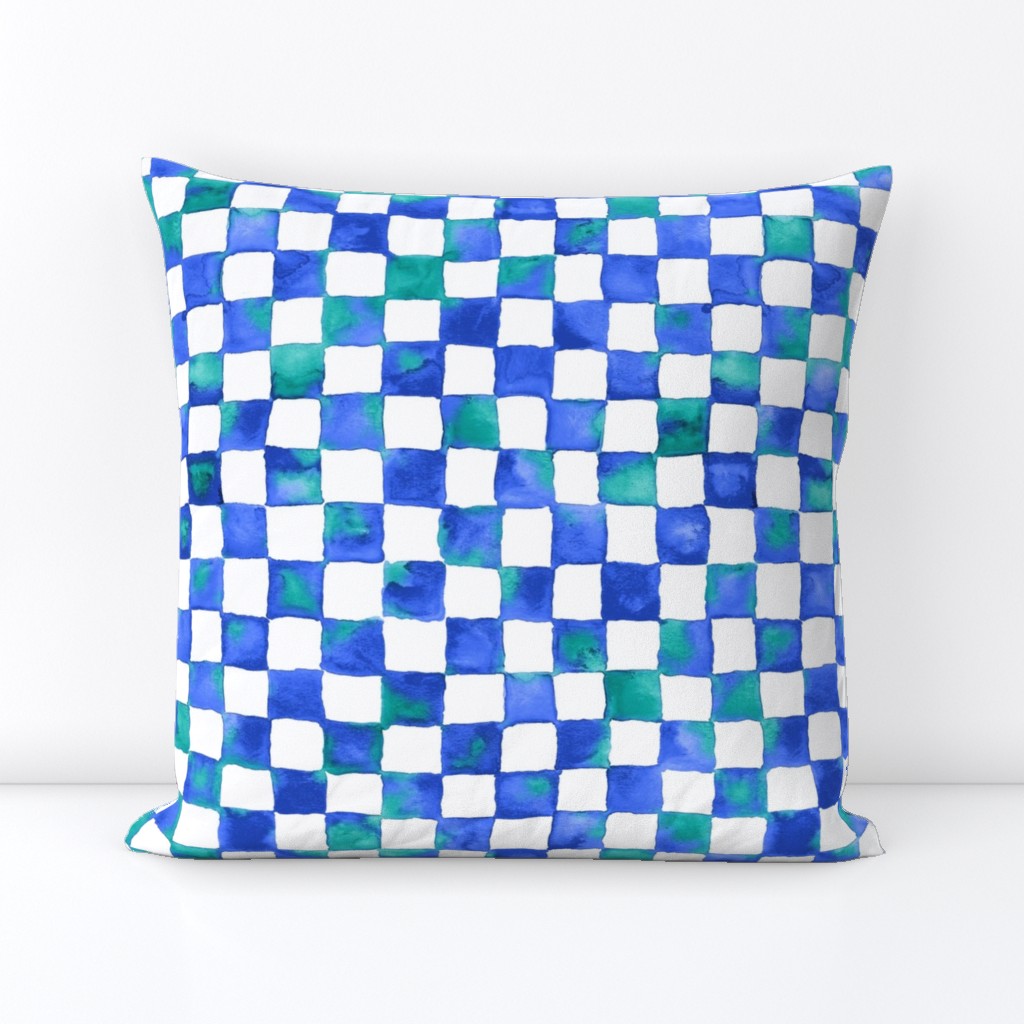 watercolor checker - cobalt blue, teal and white