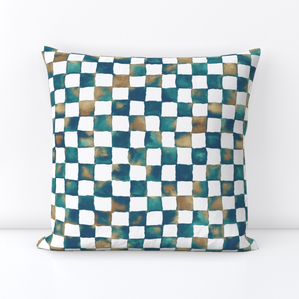 watercolor checkerboard - navy, teal, brown and white