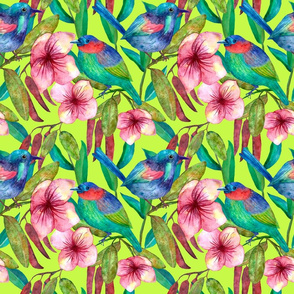 Colorful floral pattern with exotic flowers and birds