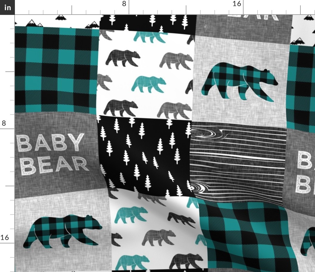 baby bear patchwork woodland - grey, black, dark teal