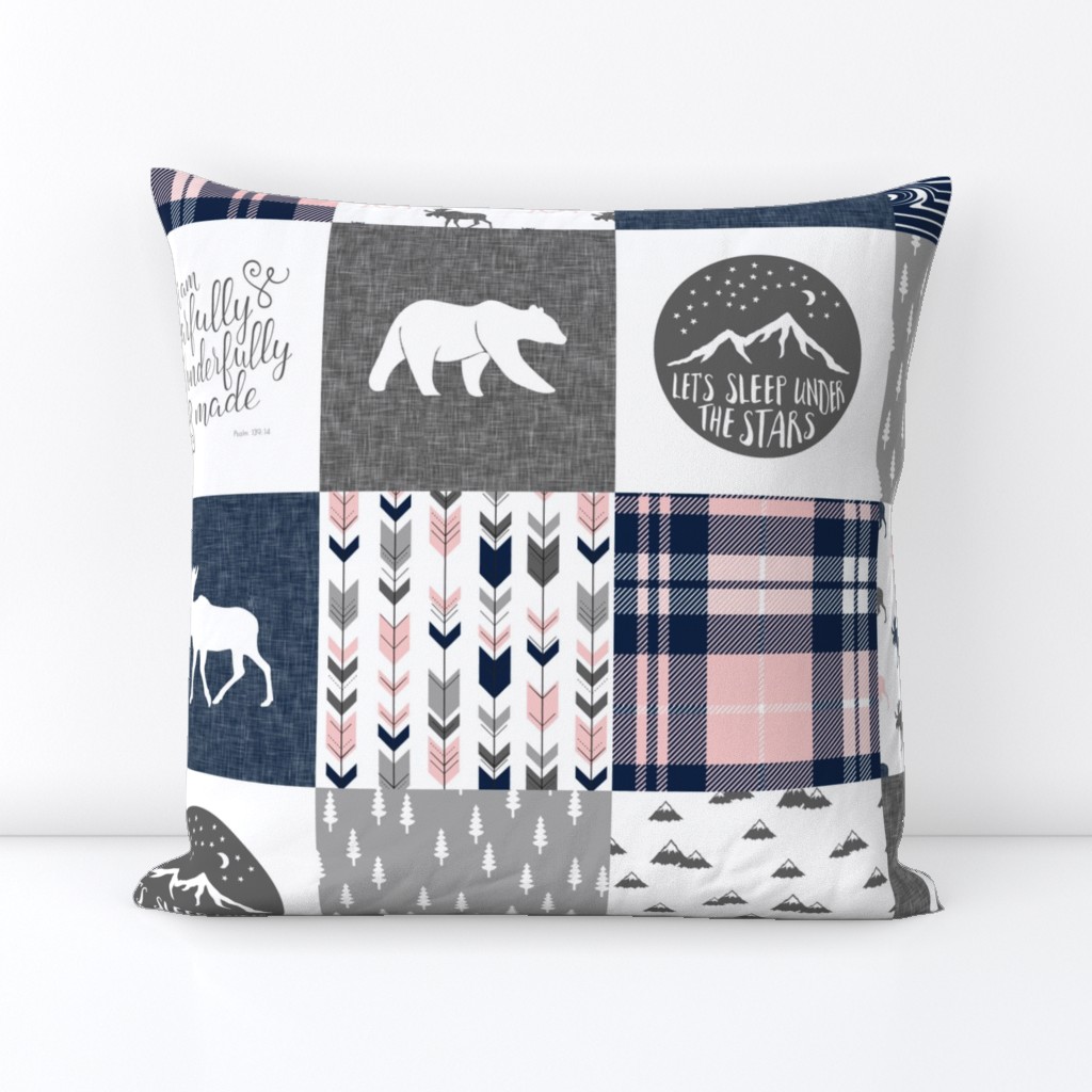 Fearfully and Wonderfully Made Patchwork Fabric || Navy, Pink, Grey - pink and navy plaid