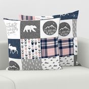 Fearfully and Wonderfully Made Patchwork Fabric || Navy, Pink, Grey - pink and navy plaid