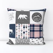 Fearfully and Wonderfully Made Patchwork Fabric || Navy, Pink, Grey - pink and navy plaid