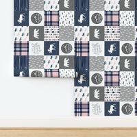 Fearfully and Wonderfully Made Patchwork Fabric || Navy, Pink, Grey - pink and navy plaid (90)