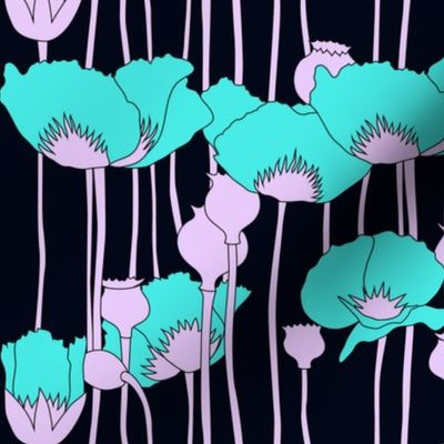 poppies in teal on navy