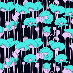 poppies in teal on navy