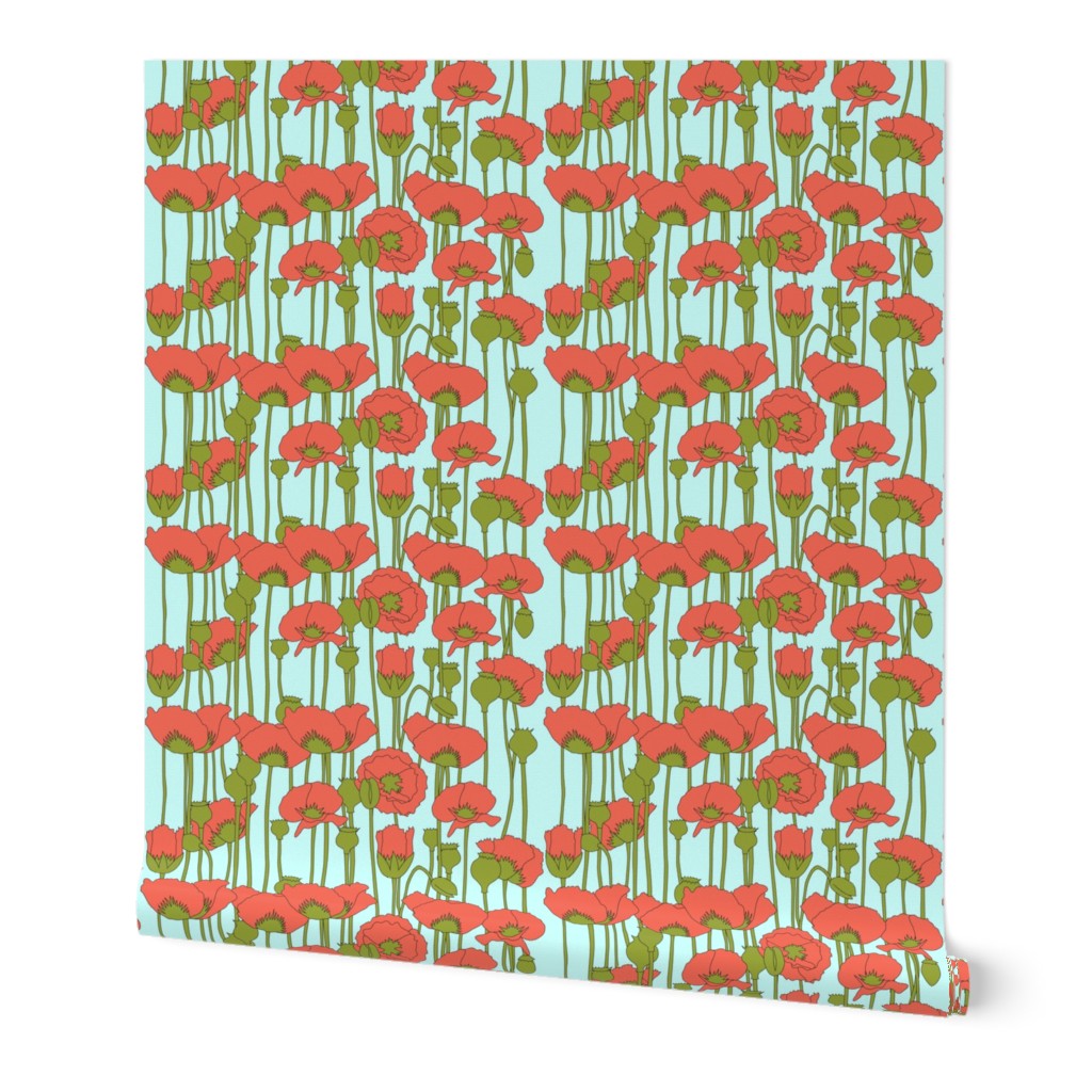 poppies in coral on light turquoise