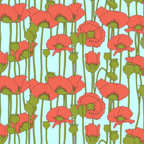poppies in coral on light turquoise