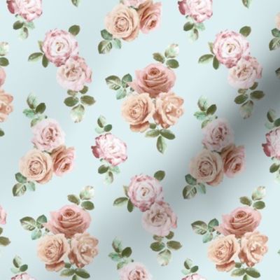 Vintage Rose Floral on duck egg blue - tiny