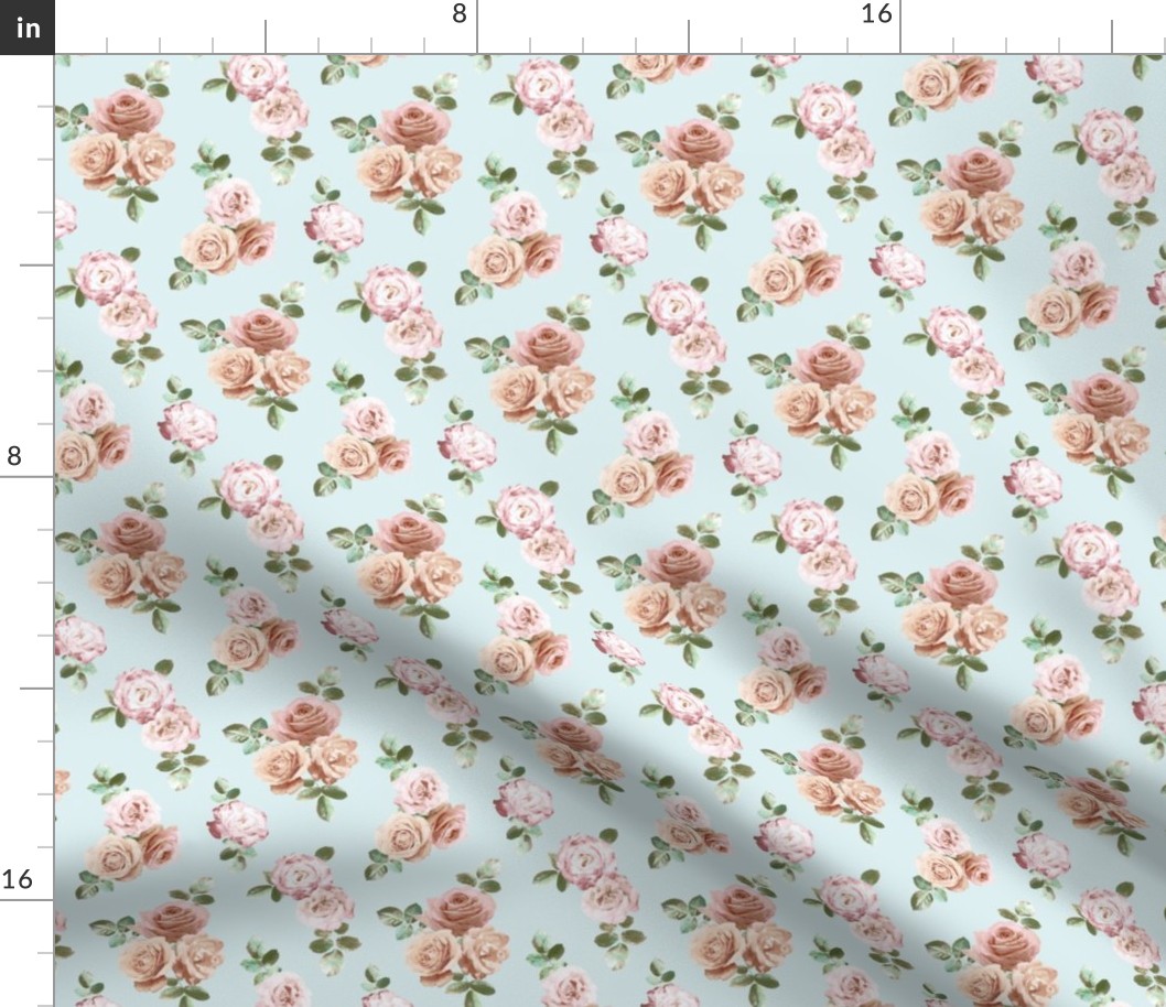 Vintage Rose Floral on duck egg blue - tiny