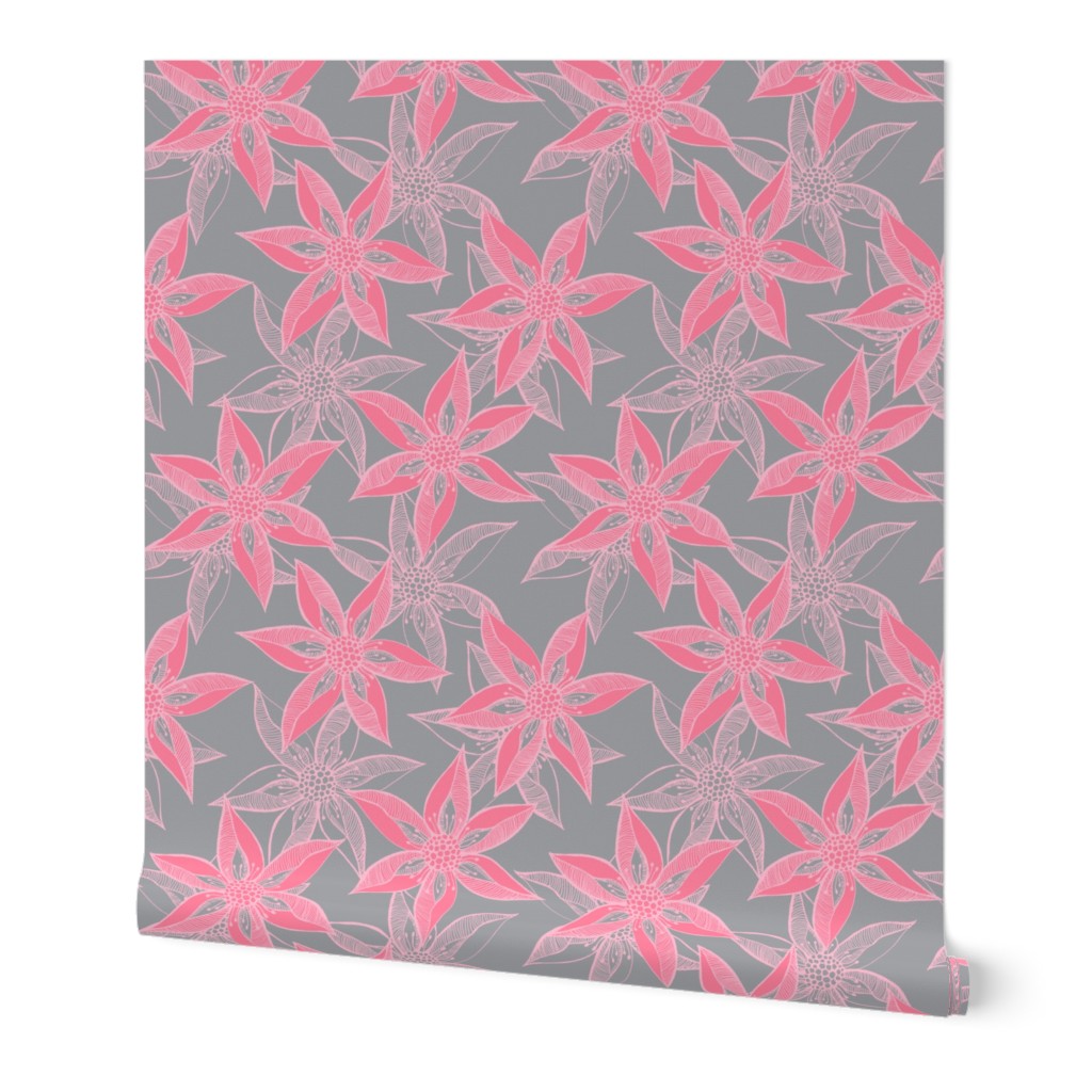 Love Blooms at Dawn  (#1) - Rosy Pink on Mystic Grey with Lolly Pink - Large Scale