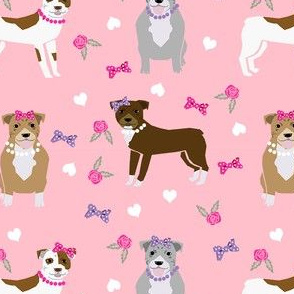 pitbull dog fabric - bows and pearls, roses and florals - pink