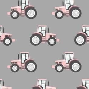 light pink tractors on grey - farm fabric  C18BS