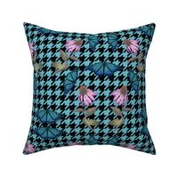 Blue Houndstooth Check, Pink Daisies Flower Pattern, Flying Butterflies | Blue Pink Black Fashion Print