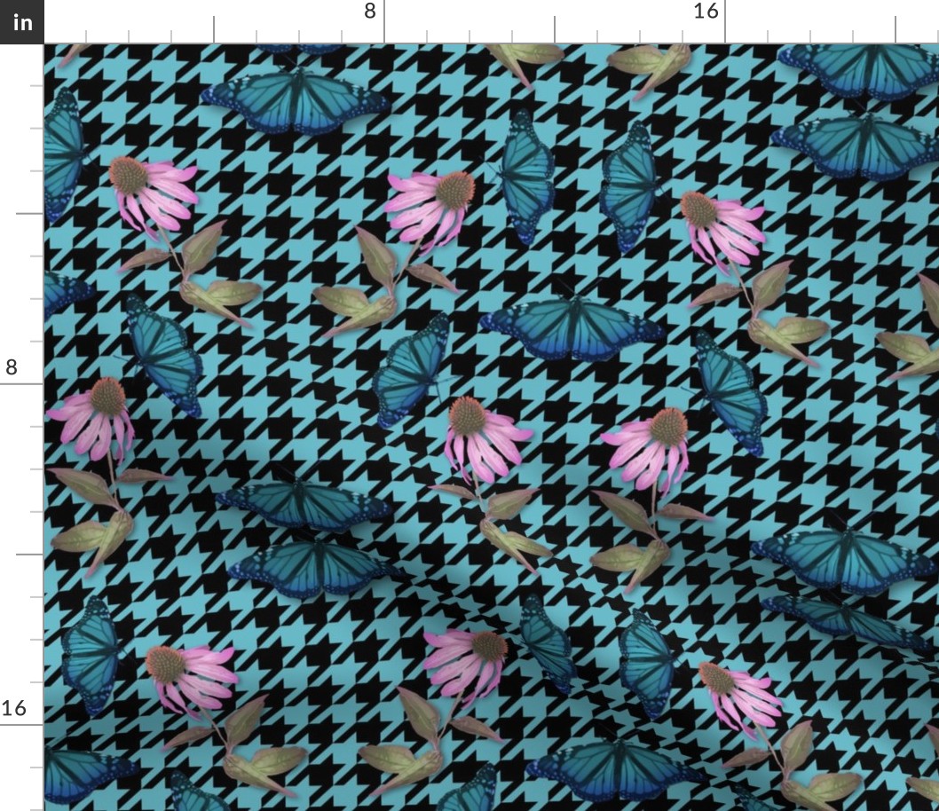 Blue Houndstooth Check, Pink Daisies Flower Pattern, Flying Butterflies | Blue Pink Black Fashion Print