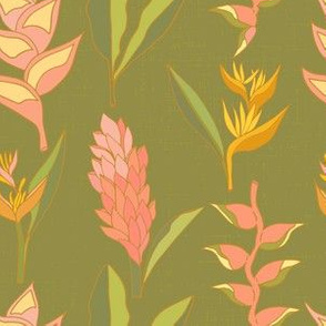 Coral Tropical Floral on Olive