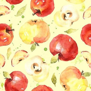 Watercolor apples red & yellow kitchen fruits with stains on light yellow background