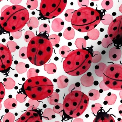 Ladybugs on red and black dots, watercolor