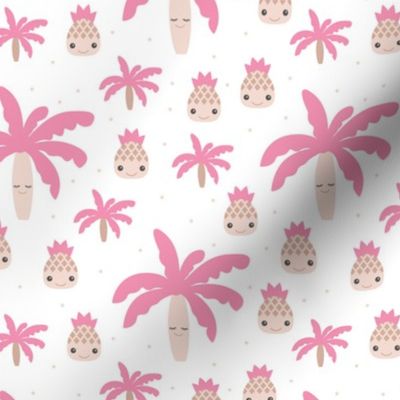 Cute summer spring kawaii tropical island palm trees and pineapples kids design soft pink