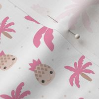 Cute summer spring kawaii tropical island palm trees and pineapples kids design soft pink